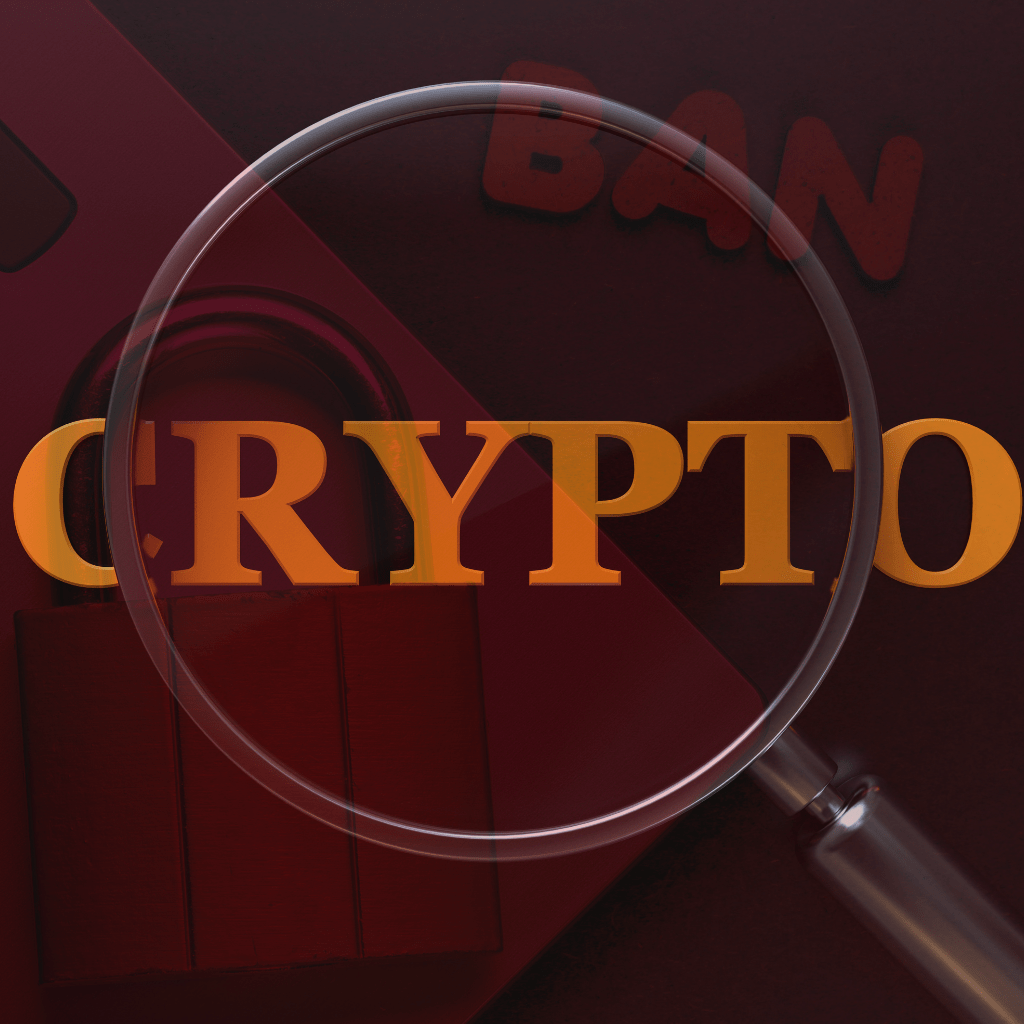 crypto ban image using red background with black magnifier